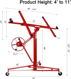 Blackhorseracing 4536455 11ft Drywall Lift Hoist 150lbs Load 4 Inch Casters For Easy Move Foot Stop Safety