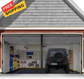 Fego 734665573097 Magnetic Garage Hands Free Screen Door For 2 Car With 16.3x7.15ft Black