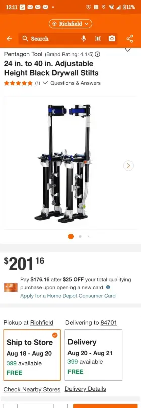 08sti0022440b06 Pentagon Tools Tool Professional 24-40 Black Drywall Stilts